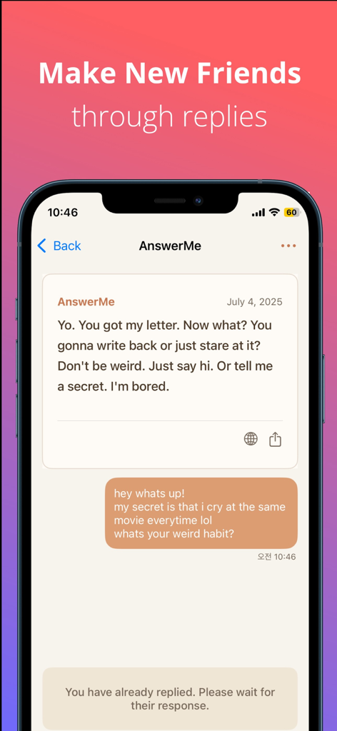 Letterly - Anonymous Letters - Smartphone screen showing an anonymous letter exchange and reply feature in the Letterly app.