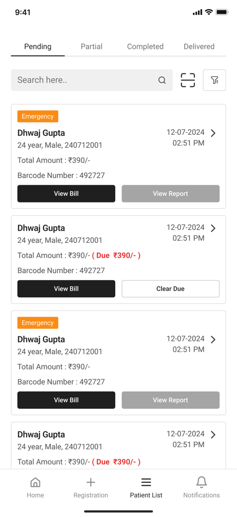 Flabs LIMS – Pathology App - Flabs LIMS Pathologie-Labor-App Patientenmanagement-Bildschirm mit ausstehenden medizinischen Tests und Abrechnung