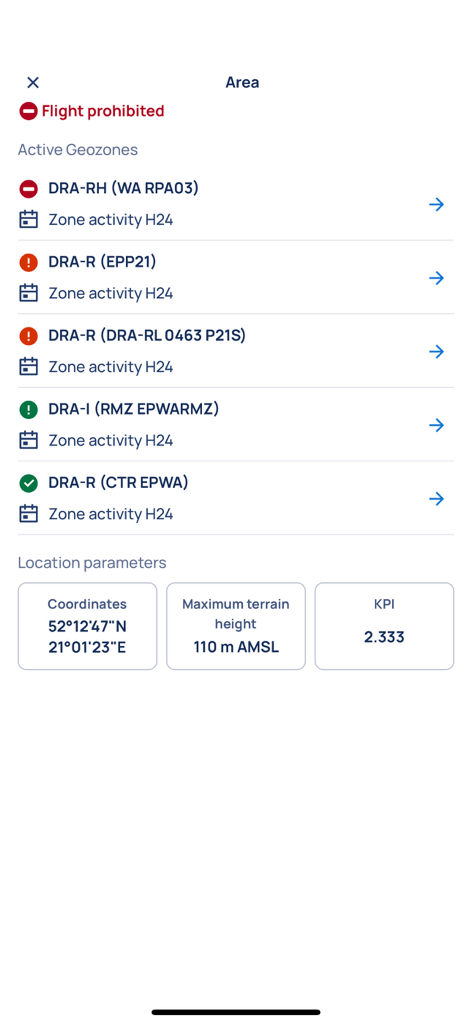 Interface of the DroneTower app displaying a flight prohibited status and a list of active geozones with location parameters.