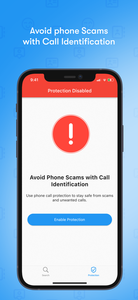 Number Finder: Who is calling? - Mobile app interface for enabling phone scam and call protection