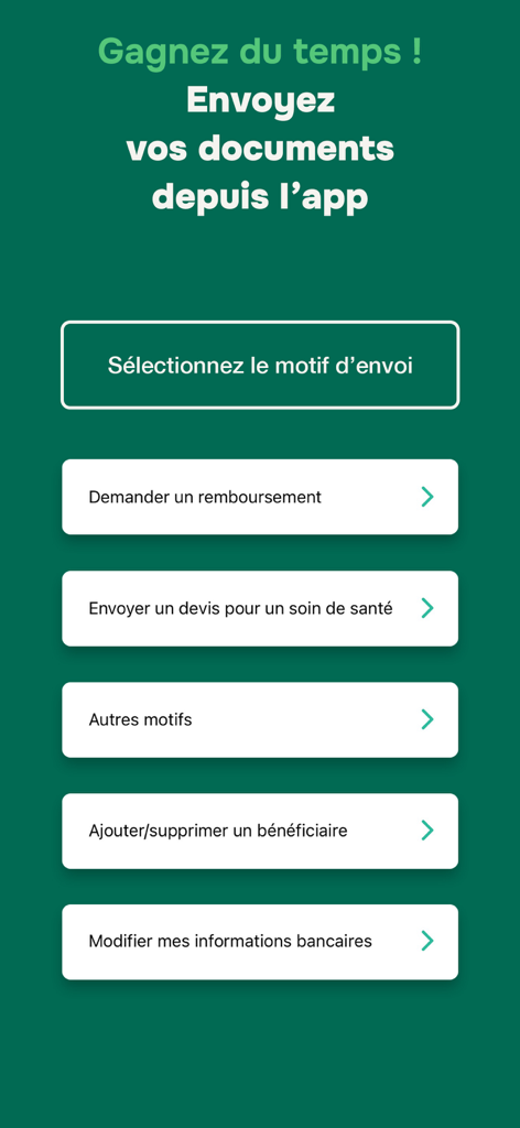 Pantalla de la aplicación de seguros Groupama que muestra opciones para enviar documentos y solicitar reembolsos