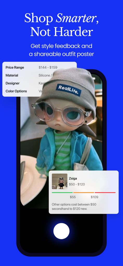 Chance AI - Visual Search - Mobile app screen for Chance AI showing visual search results for a product including price range and designer information