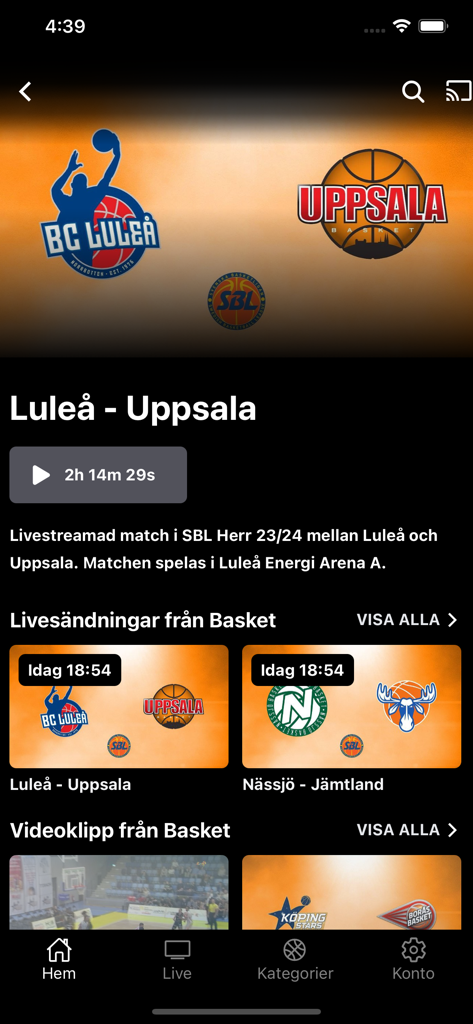 Expressen Livesport - Pantalla de la aplicación Expressen Livesport mostrando un partido de baloncesto sueco entre Lulea y Uppsala