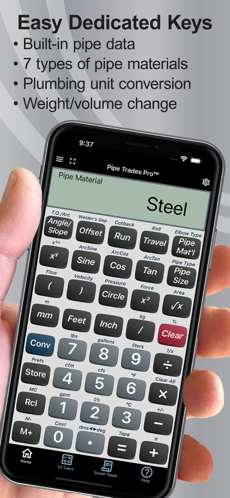 Interface de l'application calculatrice Pipe Trades Pro montrant les touches de calcul professionnelles pour la tuyauterie et la sélection de matériaux
