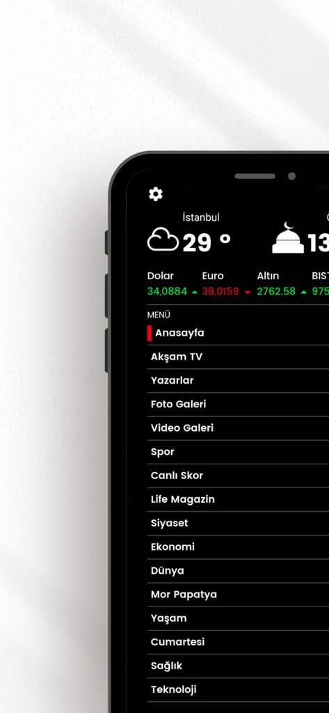 Menú lateral de la aplicación de noticias Aksam Gazetesi mostrando categorías e información financiera