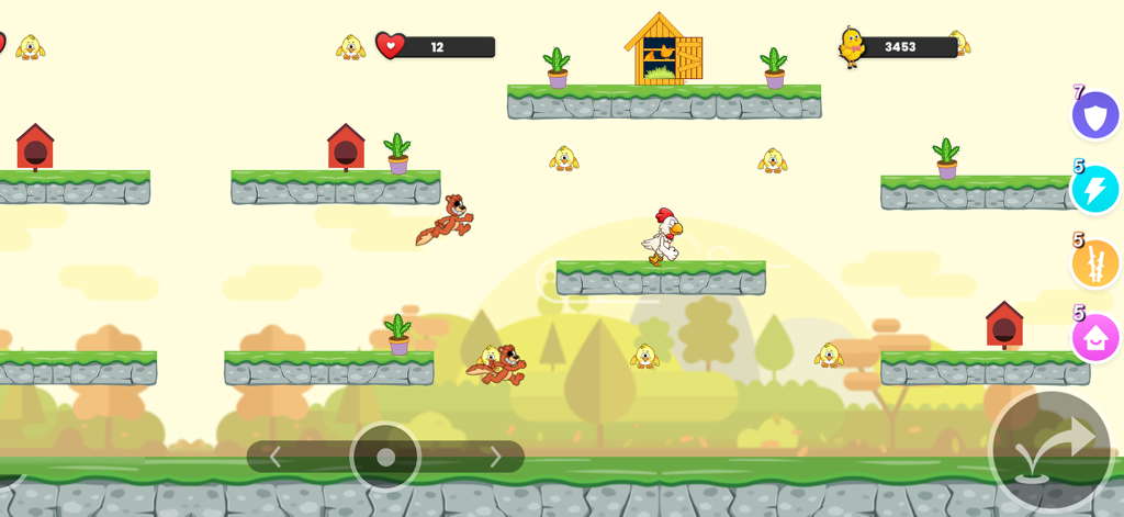 Gameplay of Flicky Chicky showing the chicken character rescuing chicks while jumping between stone platforms