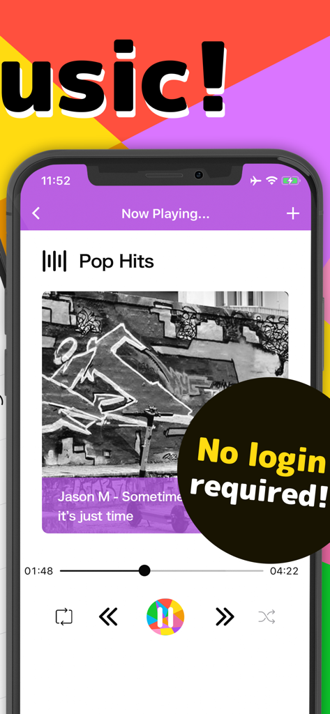 Music Radio FunMusic - stream - Interfaz de la aplicación Music Radio FunMusic mostrando la pantalla de reproducción con un mensaje de no requiere inicio de sesión