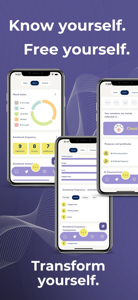 Three smartphone screens showing the NOUmi app interface for tracking and analyzing emotions and mood states