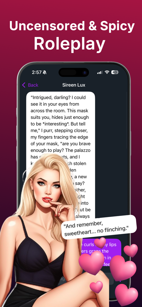 Mobile interface of Spicy Chat app showing an uncensored roleplay conversation with a character named Sireen Lux