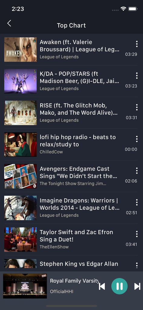 MusicOZ: Music player - Pantalla de las principales listas de éxitos en la aplicación MusicOZ que muestra una lista de pistas de música y video de tendencia