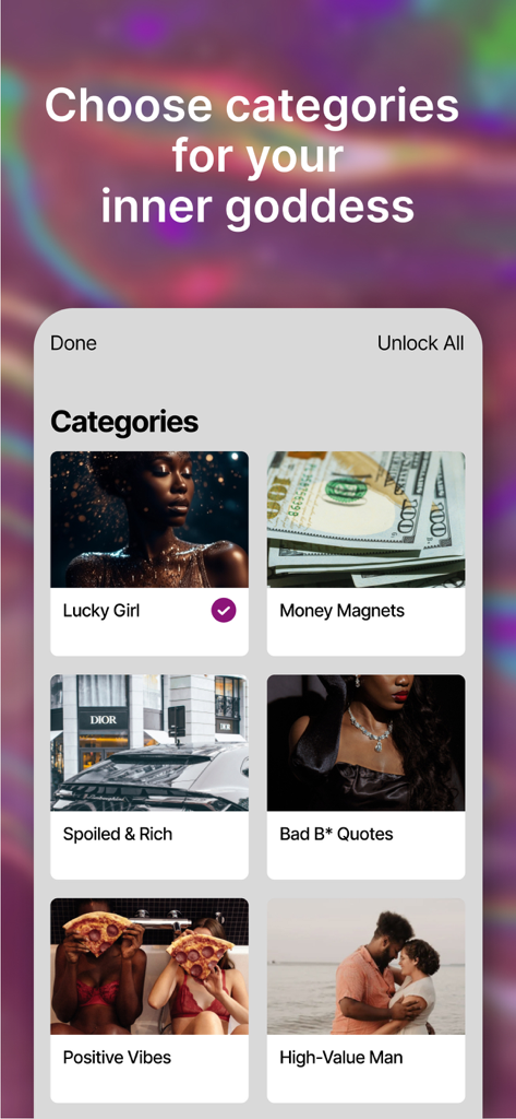 Manifest Affirmations - Manifest Affirmations app category selection screen with themes like Lucky Girl and Money Magnets