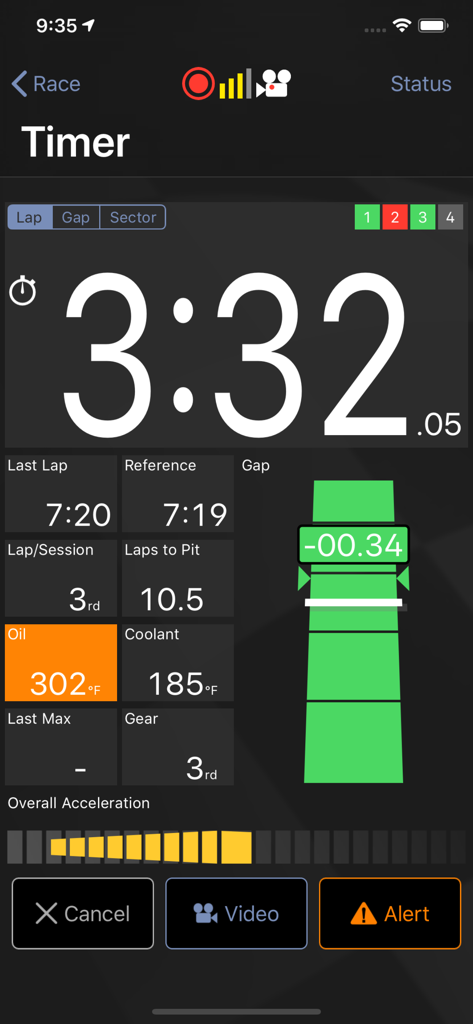 Race timer and telemetry dashboard in Harry's LapTimer Petrolhead app.