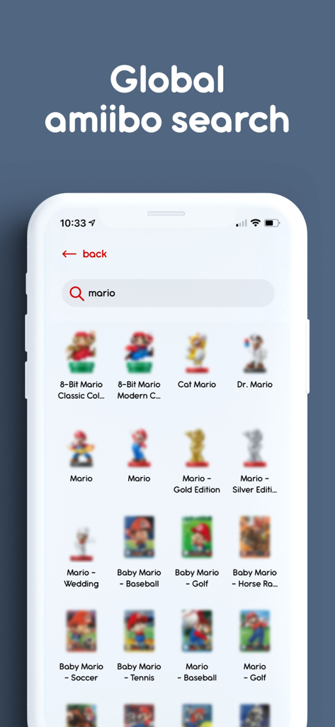 Ally – Collect and Backup - Global search screen in Ally app displaying various Mario amiibo figurines in a grid layout