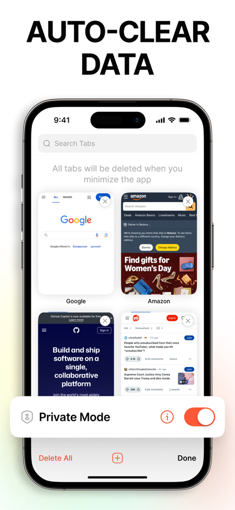 Guard Browser: Private & Safe - Screenshot of Guard Browser app showing the auto-clear data feature and private mode enabled.