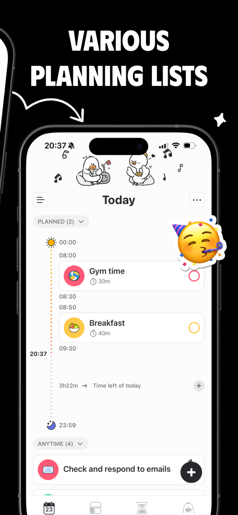 Plan Joy:To-Do List & Reminder - L'application Plan Joy montrant un emploi du temps quotidien avec des tâches et des illustrations de canards esthétiques