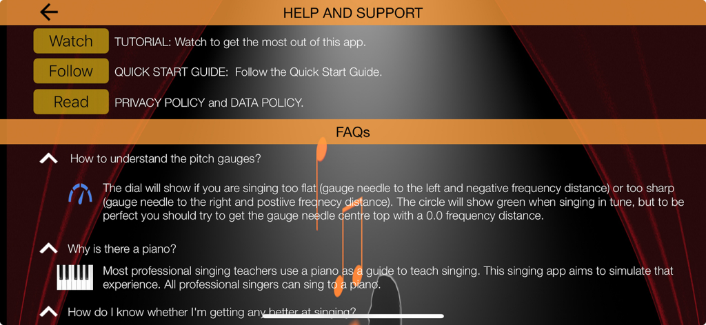 Voice Training - Learn to Sing - Help and Support screen showing FAQs and tutorials for the Voice Training app.