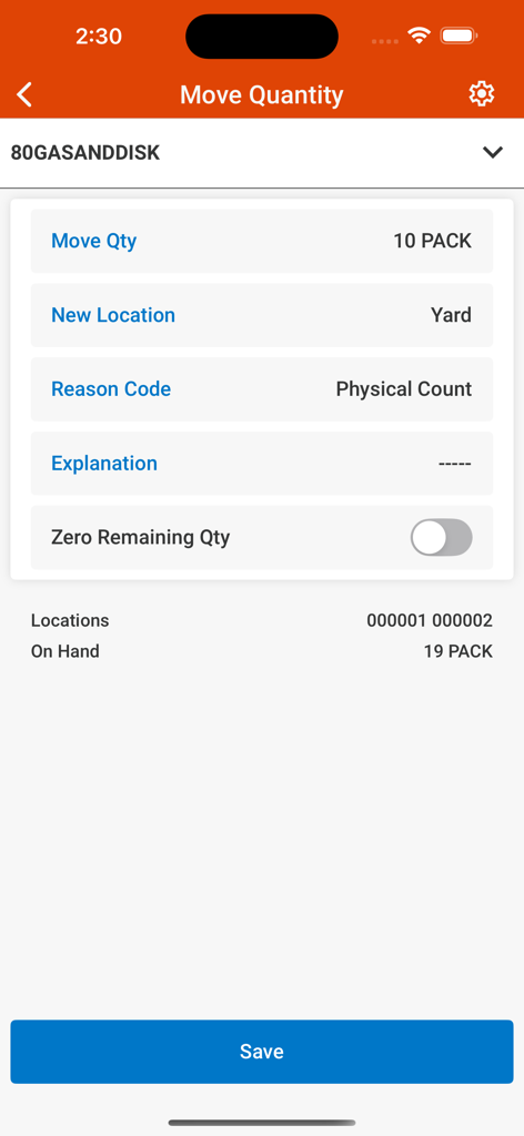 Screen showing Move Quantity functionality in the Agility Mobile Warehouse app
