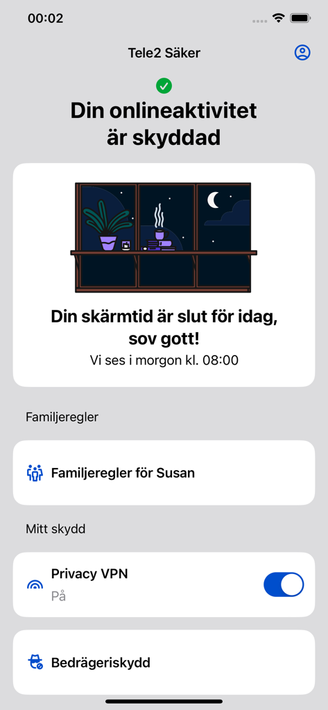 The Tele2 Saker app interface showing screen time limits and family security features