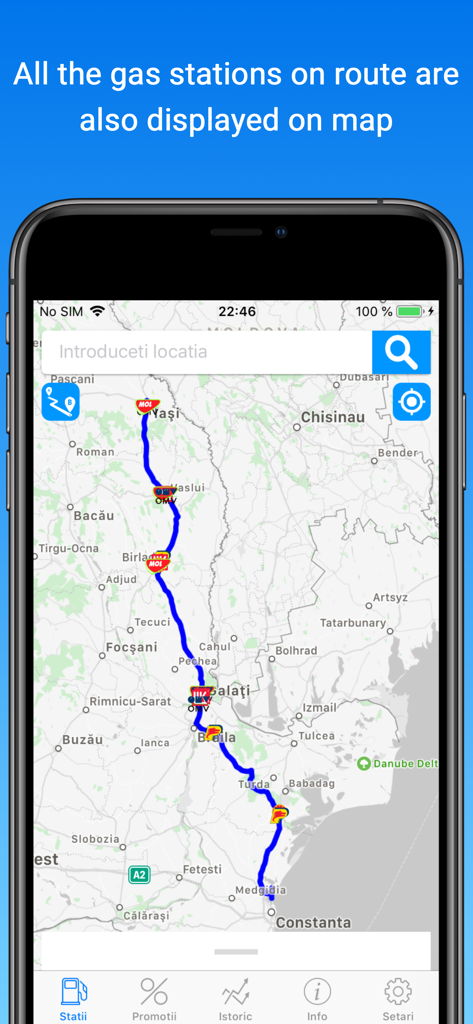 Kartenansicht in der Peco Online App, die Tankstellen entlang einer Reiseroute in Rumänien anzeigt