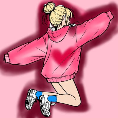 realistic girl jumping with a bun and oversized sweatshirt