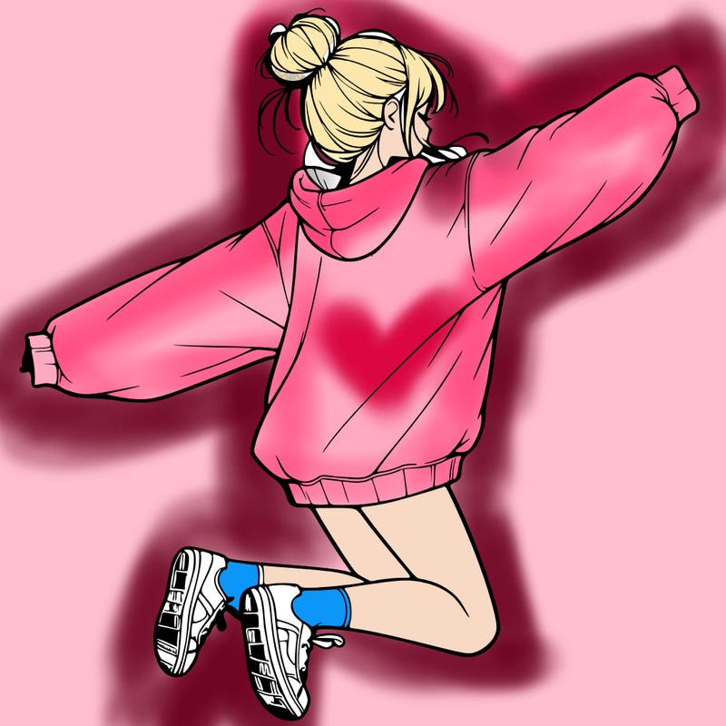 realistic girl jumping with a bun and oversized sweatshirt