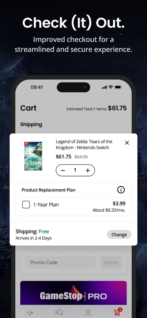 GameStop - Schermata di checkout semplificata dell'app mobile GameStop con un gioco Nintendo Switch nel carrello.