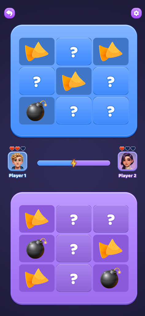Bomb Chip Battle: 2 Player - Interface de jogo móvel para dois jogadores com fichas e bombas escondidas em uma grade