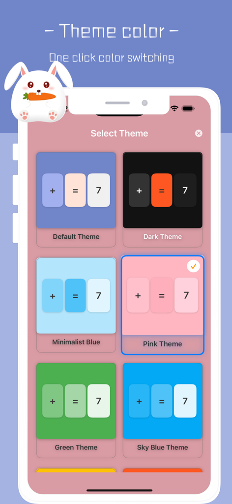 Calculator History - - 계산기 기록 앱 인터페이스에 대한 다양한 색상 테마 옵션을 보여주는 메뉴