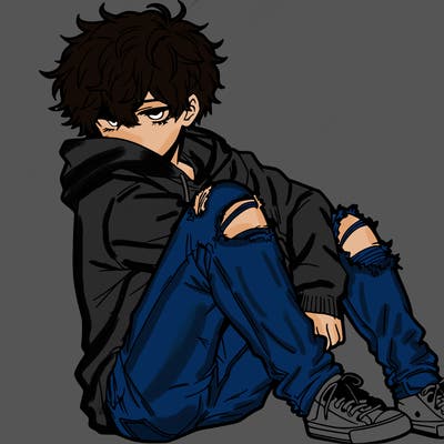 a male hoddie ripped jeans messy hair anime