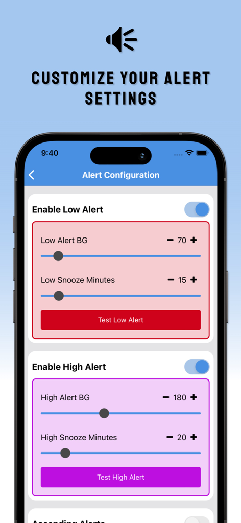 SugarPixel Hub - Interface of the SugarPixel Hub app showing customizable alert settings for high and low blood glucose levels