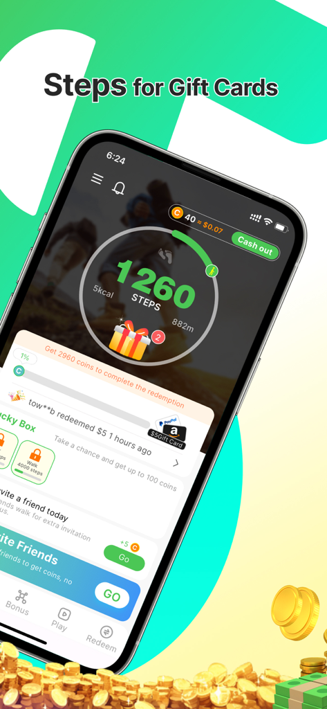 WalkTask-Walking Step Counter - 歩数とギフトカードの報酬を示す、スマートフォンのWalkTaskアプリインターフェイス
