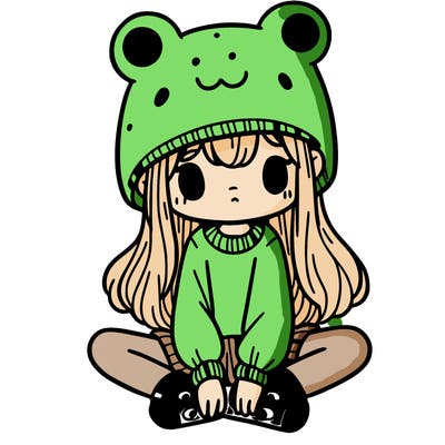 a girl wearing a frog hat and some frog socks