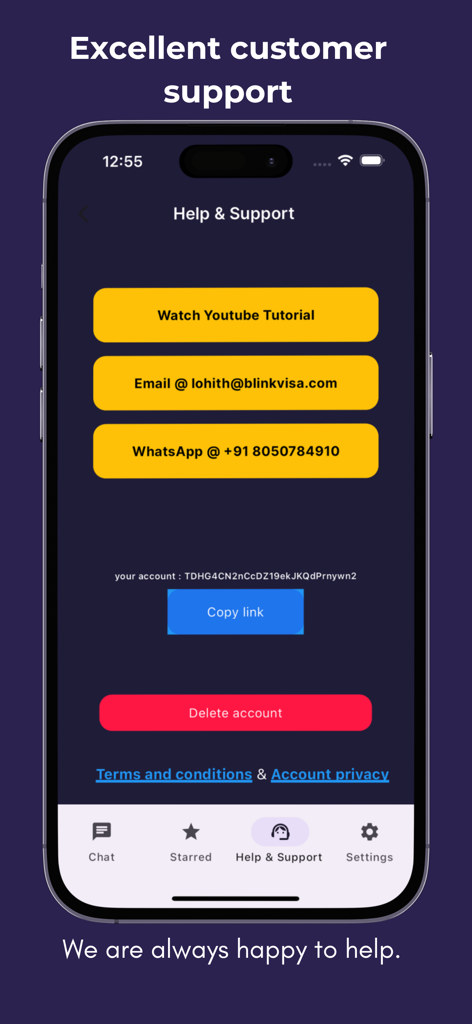 Secret Chat - DailyNewsTalk - The Help and Support screen of the Secret Chat app showing customer support contact options via email, WhatsApp, and YouTube tutorials.