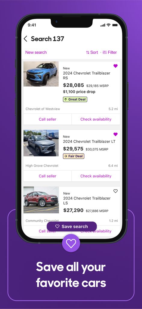 Cars.com app search results page showing vehicle listings with price drop badges and the save favorites feature.