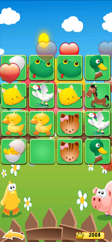 Farm Match for Kids & Toddlers - Educational memory game interface for kids featuring a grid of farm animal tiles like frogs and ducks