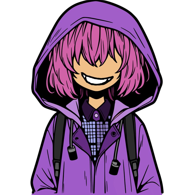 little anime girl in a raincoat her hair is covering her eyes she has a lighter