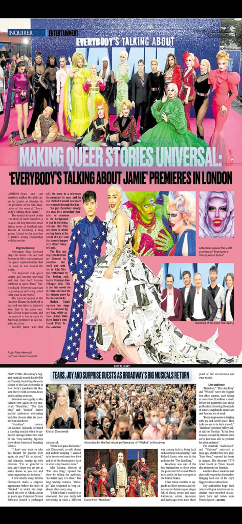 A digital replica of the Inquirer Plus entertainment section featuring articles on Broadway musicals and film premieres.