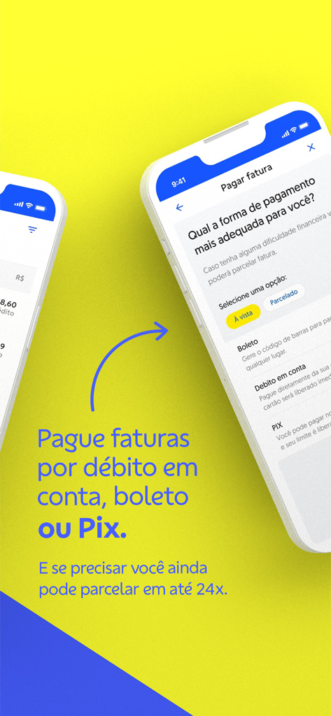 Ourocard - Cartão de crédito. - Ourocard app interface for paying credit card invoices using Pix or installments