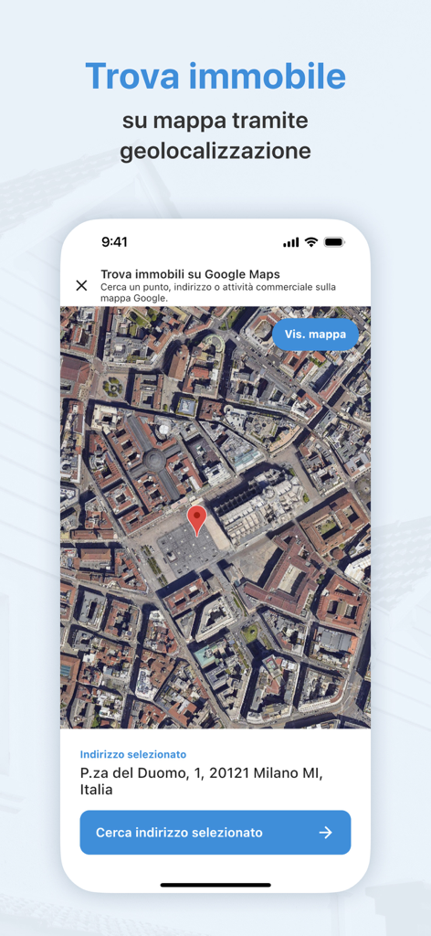 Whuis app interface showing a property search on a satellite map with geolocation
