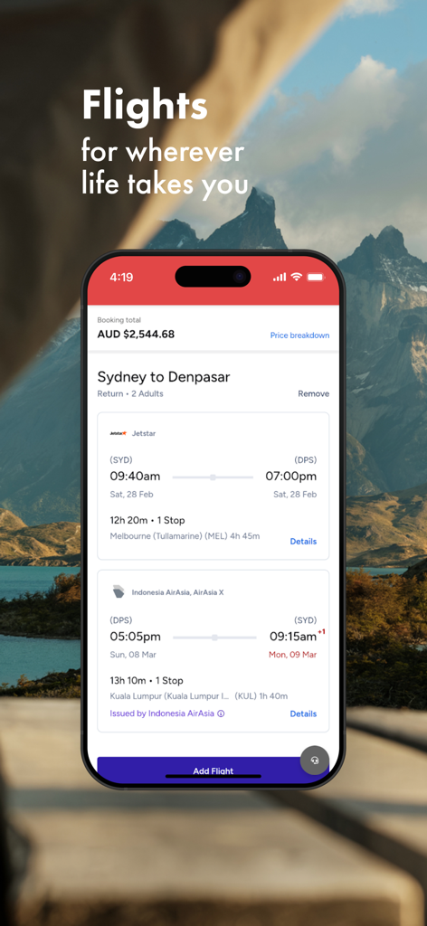 Webjet - L'application mobile Webjet affiche un itinéraire de vol de Sydney à Denpasar avec les horaires de vol et les informations sur la compagnie aérienne.