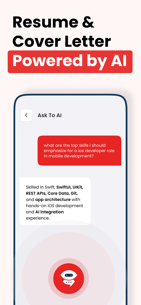 Resume Builder: CV Maker AI - AI assistant within the Resume Builder app suggesting professional skills for an iOS developer resume