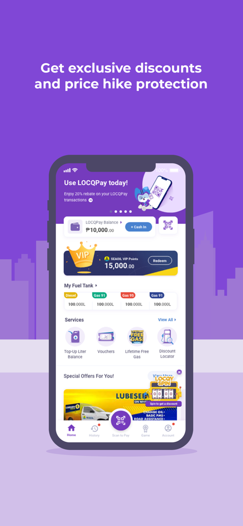 PriceLOCQ - PriceLOCQ app dashboard showing fuel balance, VIP points, and car maintenance services.