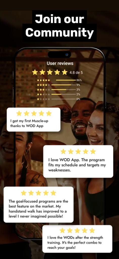 Mobile app screen showing five star user reviews and a high rating for the WOD fitness app community