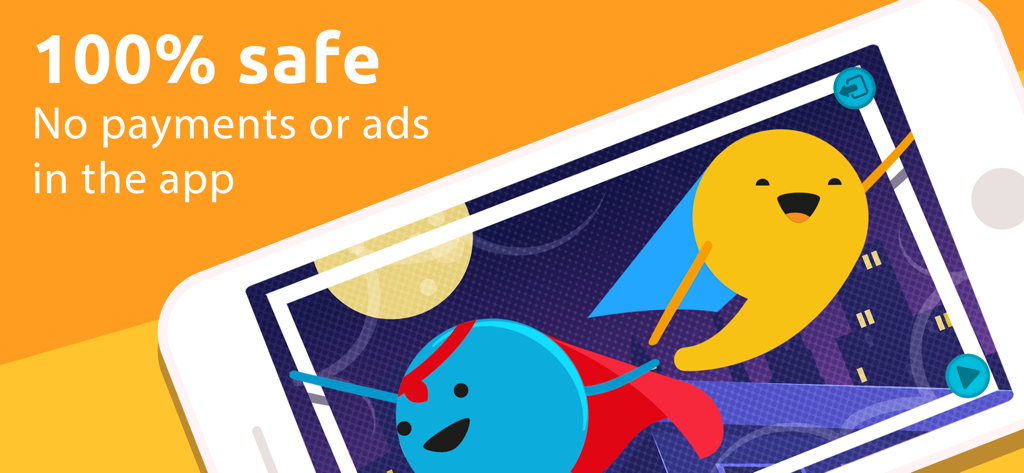 Smile and Learn - A smartphone screen displaying the Smile and Learn app with text stating it is 100 percent safe with no ads or payments in the app.