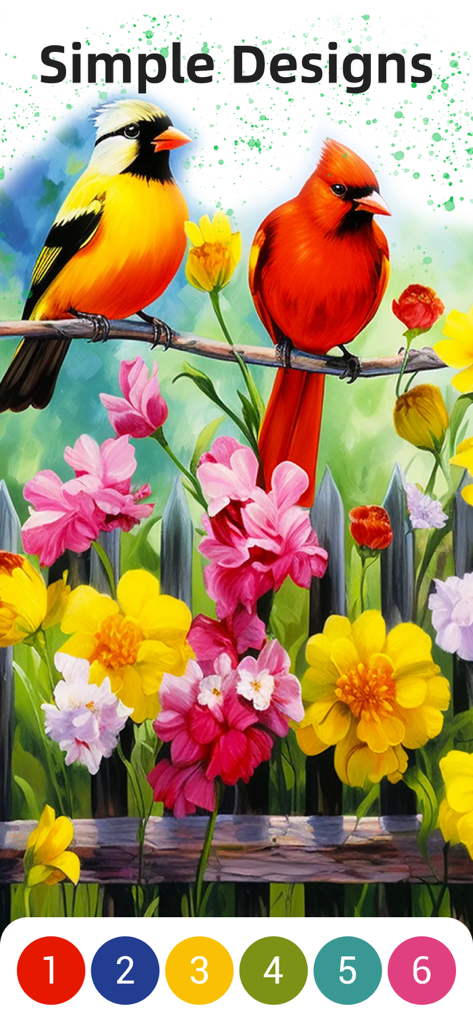 Super Color® - Paint by Number - Vibrant paint by number design of birds and flowers in Super Color app.