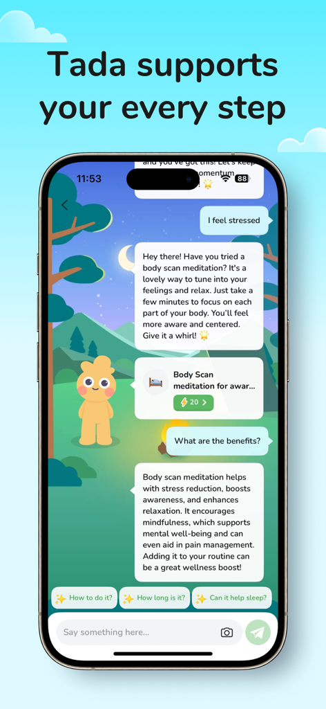 Interfaz de chat de la aplicación Tada que muestra un compañero de IA brindando apoyo emocional y consejos de meditación.