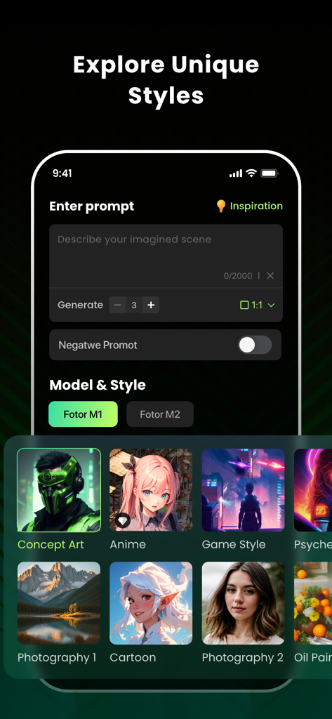 GoArt - AI Art Image Generator - Interface do gerador de IA GoArt mostrando comando de texto para imagem e filtros de estilo artístico, incluindo anime e arte conceitual