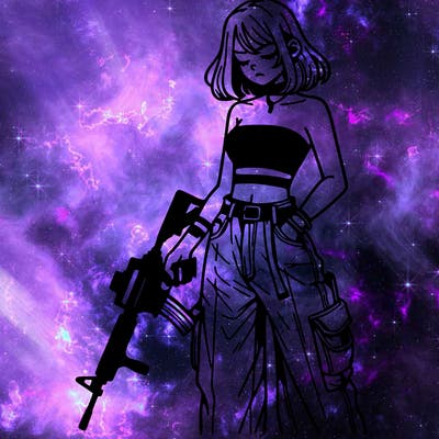 a dangerous girlcrop top and baggy jeans with a rifle in her hand