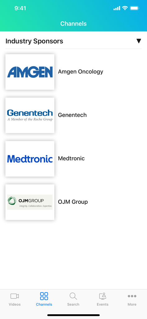 The industry sponsors section on the VuMedi mobile app channels page