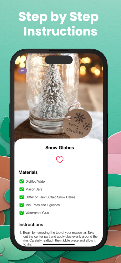 DIY: Learn Craft Offline - Pantalla de aplicación móvil que muestra instrucciones paso a paso y materiales para un proyecto DIY de globo de nieve